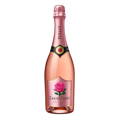 bottle of sparkling rosé champagne with a rose logo on the label, tilted up and to the left, no glass sticker