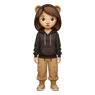 León tierno que sea mujer con pantalones guangos  y una sudadera negra con cabello suelto color castaño obscuro sticker