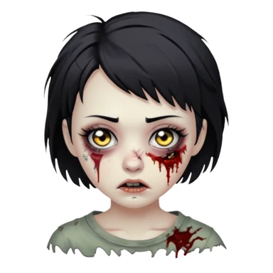 Zombie girl with messy black short hair with lashes and torn cheek sticker