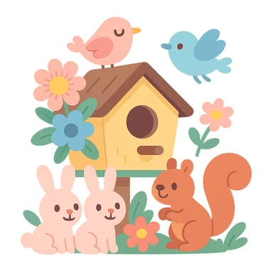 birdhouse with flowers and forest creatures including bunnies, birds, and squirrels, soft pastel colors, transparent background, pastel-toon style sticker