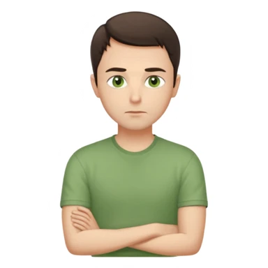 Gentle man, European facial features, short dark brown hair, green eyes, light green shirt. Seated calmly, gazing thoughtfully. Soft light, subtle fern. Waist-up, profile. sticker