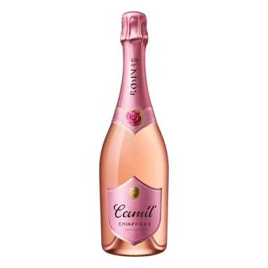 bottle of sparkling rosé champagne with a rose logo on the label, tilted up and to the left, no glass sticker