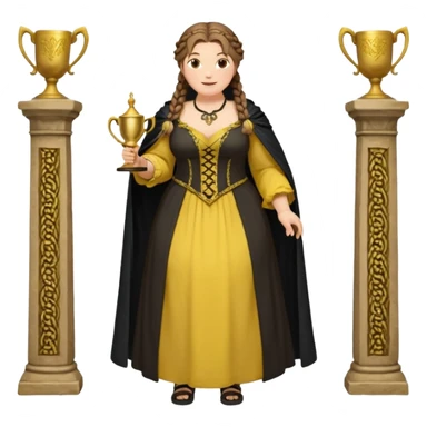 Helga Hufflepuff,brown-haired,2 braids,yellow-black medieval open dress,deep neckline,fat macromastia,black cloak decorated with gold braiding,gold cup with two handles,very kind smile,curvy busty,round rosy cheeks,full length with medieval shoes, inscription in pink heart says:"I love HELGA" sticker