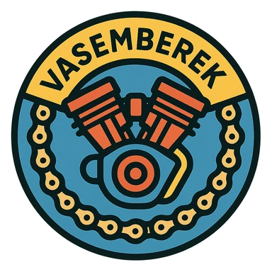 circular motorcycle cap design with the Hungarian word 'Vasemberek', featuring motorcycle motifs like motor, chain, strength, powerful style sticker