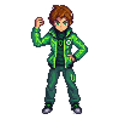 Ben 10 as pixel art character, green jacket, Omnitrix visible, action stance sticker
