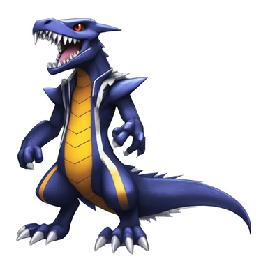 Black, Modern, Cool, Edgy, Badass Punk-style Garchomp-Sergal Fakémon-Digimon with sharp edgy striking detailed stripe-markings,  full body sticker