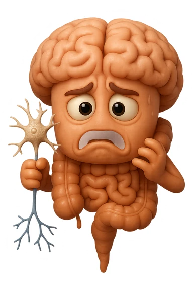 EMOJI STILE IPHONE DI UN INTESTINO collegato verticalmente ad un cervello mentre tiene in mano un neurone, espressione stressata, IPERREALISTICO 4K sticker