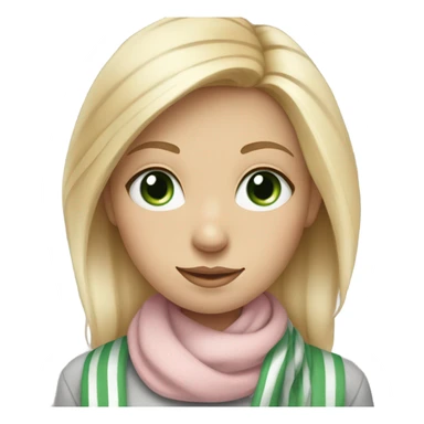 Blonde girl with blue eyes and eyelashes no lipstick in a light pink shirt with gray and green thick stripe scarf blue eyes sticker