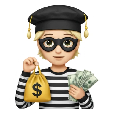Realistic ios emoji-style portrait of a classic burglar, a black eye mask and a black-and-white striped shirt. emoji-like hair, black hat, a bag of money 💰 with a dollar sign in a right corner  sticker