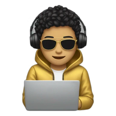 Young person golden skin tone, wearing headphones, working on a laptop, wearing golden color jacket, there is mask on his eyes, black hairs  sticker