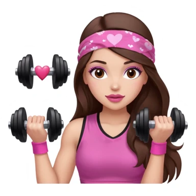 Pink and clothes emoji, inspired with brunette hair, brown eyes, long hair, heart shape lips and pink make up  and pink nails, mauve pink blush and a chocolate brown bandana lifting dumbbells sticker
