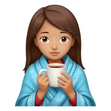 cute and sexy asian slightly tanned girl, brown hair, feeling sick, nose is red due to sickness, covered by blanket, holding tea mug in hands sticker