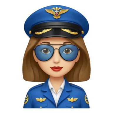 pilote d'avion femme cheveux brun clair avec sunglasses et chapeau de pilote et uniforme bleu sticker