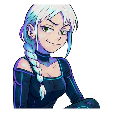  she is making a smug and suspicious facial expression, eyebrows pointed up, a closeup portrait of young woman with gold yellow eyes, white hair, long braid, black off-shoulder top d-cup, punk gothic style, futuristic cyberwave cyberpunk, sitting position
 sticker