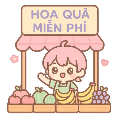 fruit vendor with different types of fruits on display, a sign that pops out and says 'hoa quả miễn phí', kawaii chibi anime style, flat pastel colors, thick outlines, simple cute features, transparent background sticker