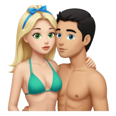 Blonde Queen with crownGreen eyes in Bikini kissing Male subject without crown black hair blue eyes sticker