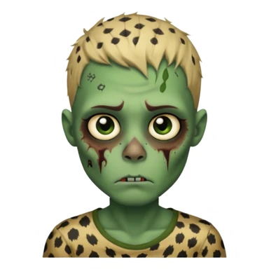 Zombie boy with green skin and sleepy eyes and scars on his face and a shirt that has cheetah texture sticker
