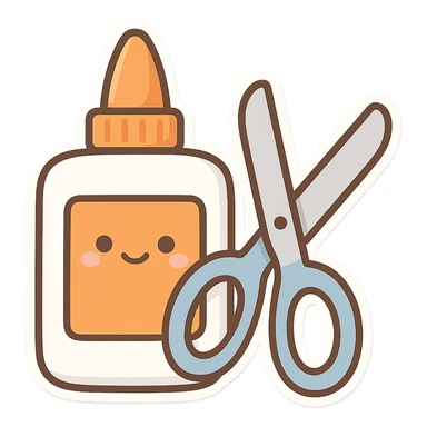 bottle of glue with orange label and tip and a pair of blue scissors, flat toon vector illustration, kawaii minimal sticker
