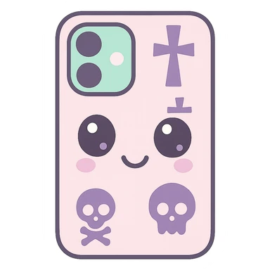 Remove any purse or purse-matching elements. Focus only on a white and black gothic kawaii phone case with big eyes, smiling, playful, cartoonish style, and gothic symbols. No purse references. No background. sticker