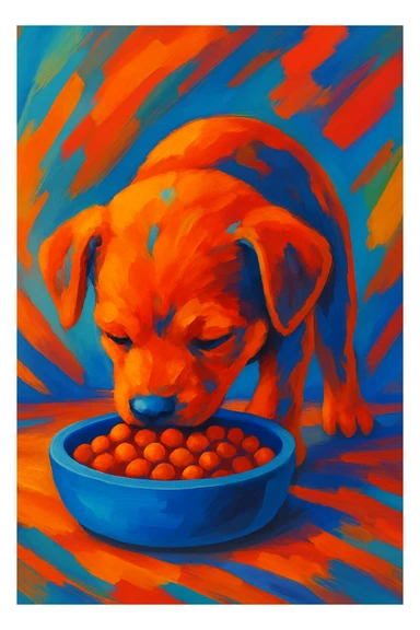 Make the dog a cute puppy eating dog food, keep the same style as the original image. sticker