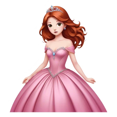 Cinematic Majestic Sleeping Beauty Portrait Emoji, rendered in a clean, vector-style with bold, simplified shapes. Show Aurora with a serene, noble expression, luminous porcelain skin, and elegantly flowing auburn hair, dressed in an opulent pink ball gown. The design radiates a majestic, enchanted glow with high shine and a soft glowing outline, embodying classic royal elegance. sticker