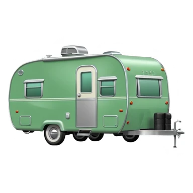 1950s travel trailer, colored all green, the same green shade as movie trailer green preview card, light grey tires and grey hitch sticker
