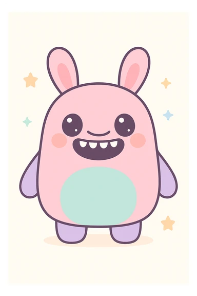 cute monster with nine teeth, wide smile, rabbit ears, kawaii style sticker