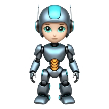 Cute futuristic chibi humanoid robot with large rounded head, add text on chest "LMX". glossy black and grey metal body, glowing cyan and amber eyes, visible joints, confident pose, white background, high-detail 3D render,  sticker