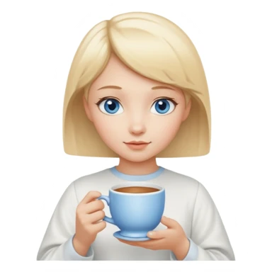 angelic blonde girl with short hair and blue eyes holds a cup sticker