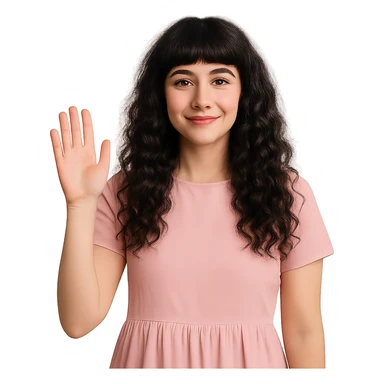 white woman, long black curly hair, bangs, dark brown eyes, pastel pink dress, waving sticker