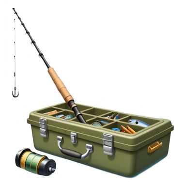 Icon for Fishing: a boat on the shore of a peaceful water body with a beautiful natural landscape, a fishing tackle box, a spinning rod. The icon should capture the tranquility and gear of a fishing adventure. Without frame. Transparent background. sticker