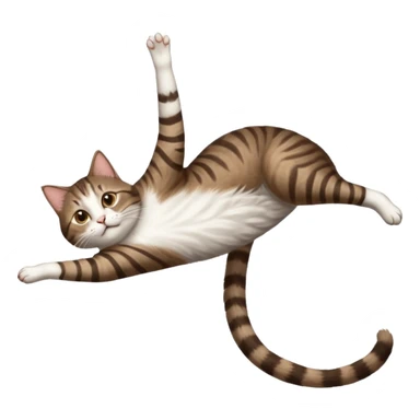 dark brown tabby and white cat with doing a big extremely long stretch reaching up into the air with arms and legs side by side together straight and overextended whilst lying on its side sticker