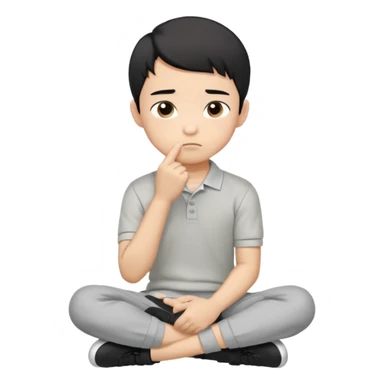 Cartoon Asian boy sitting cross-legged, clearly resting his closed fist against his cheek, looking thoughtful with a slight smirk. White polo, gray pants, black shoes, large eyes, short black hair. Clean vector style, flat colors, black background. sticker