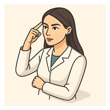 A 2D isometric style illustration of a female doctor with dark long straight hair, detailed brown eyes (not just dots), wearing a white coat, minimalist background, making a finger-twisting gesture near the temple, appearance as in the second previous variant. sticker