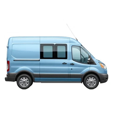 light blue Ford Transit passenger van, side profile facing right, small sticker