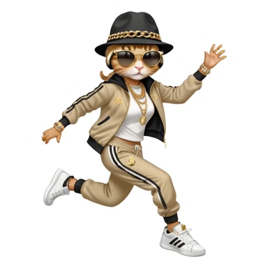 female cat jumping, Run DMC hip-hop outfit, tracksuit, fedora, Adidas sneakers, dark sunglasses, many gold chains, bling accessories rings bracelets earrings sticker