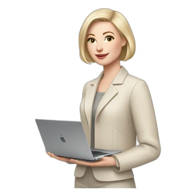 pale skin woman with ash blonde Straightened bob Hair, White Spacious classical jacket, beige palazzo Arrow pants and gray blouse holding a MacBook in the hands sticker