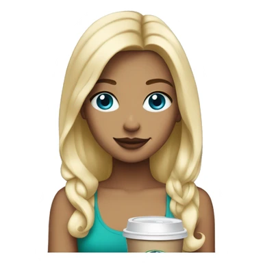 blonde girl blue eyes with Starbucks cup drink sticker