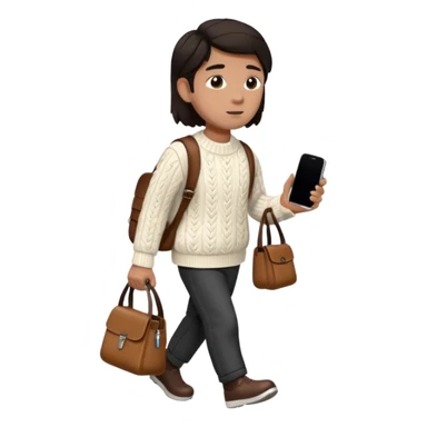 걷고 있는 사람
옷은 겨울에 어울리는 니트와 하의를 입었고 숄더백을 매었다.
머리카락 색깔은 어두운 갈색, 풀은 긴머리를 하고 있다 
귀에는 애플의 에어팟이 착용되어 있다 sticker