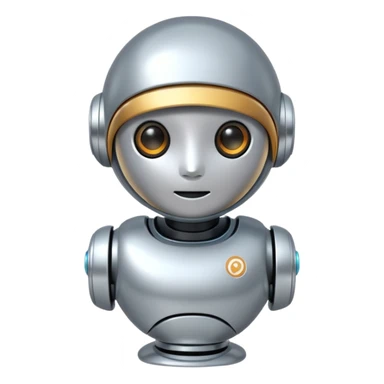 A cute futuristic robot emoji made of silver chrome, rounded friendly body, minimal facial features, glossy metallic surface, soft reflections, iOS emoji style, centered, clean white background sticker
