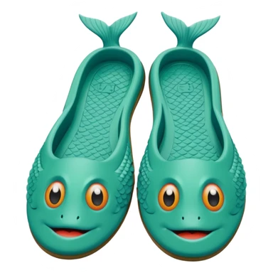 slightly green rubber pool slippers with carp eyes on the top and fish tail in the back sticker
