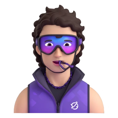 close-up of cool guy male athlete with white skin and moderately curly dark brown hair on top with shaved sides, with one purple ski goggle lens pushed up above his eyes on his forehead, sticking his tongue out of his mouth, a simple plain black chain necklace, and a completely unzipped sleeveless vest with purple and black sequin fire pattern design with no logo sticker