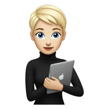 women with blond pixie cut, blue eyes wearing black turtleneck, holding and ipad sticker