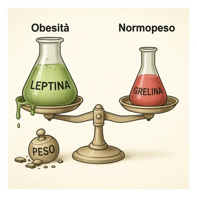 Illustrazione clinica in italiano: bilancia con leptina (verde) e grelina (rossa). Lato obeso: etichetta 'Obesità', leptina che straborda, bilancia ferma, pesi di leptina etichettati 'Peso' rotti sul pavimento. Lato normopeso: etichetta 'Normopeso', bilancia in equilibrio, grelina normale. Tutte le scritte interne sono in italiano. Stile endocrinologico, 4K. Style: endocrinologico, clinical illustration, detailed. sticker