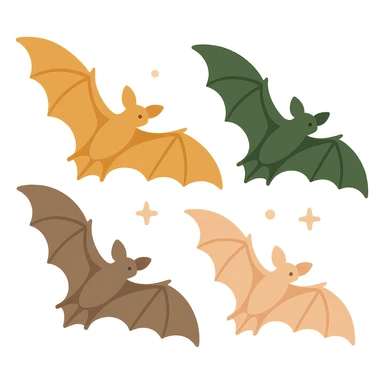 A group of flying bats in mid-air, illustrated in a stylized, artistic way using a warm, earthy color palette: golden orange (FA9B41), deep forest green (4A7C5C), muted taupe brown (96775A), and soft pastel peach (FFCC9A). The bats have sleek wings with subtle color gradients, and their bodies are small and streamlined, featuring elegant silhouettes. The sky around them has a magical, twilight glow with faint sparkles or mist, enhancing the enchanted atmosphere. The overall style is whimsical and soft, with a balance between natural and fantastical elements. sticker