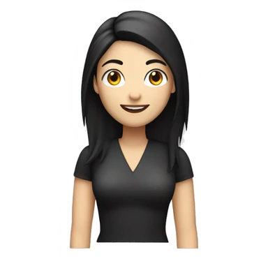 woman editor with smile, white skin, black straight hair, right hand up sticker
