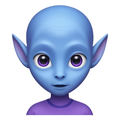 Portrait of an cute alien with smooth purple-blue skin, large black oval eyes, small nose, and visible ears, elongated head, front-facing, wearing blue t-shirt, soft glow, simple futuristic design sticker