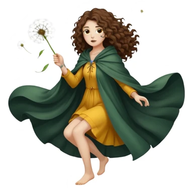 full body woman long curly brown hair brown eyes white skin tattoos dandelion seed cloak blowing apart around her sticker
