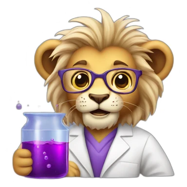 Cute middle aged lion scientist holding a flask of purple liquids sticker