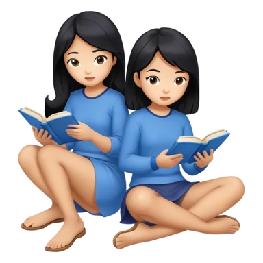 two asian girls black hair sitting reading blue books sticker